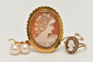 THREE ITEMS OF JEWELLERY, to include a 9ct gold cameo ring, with 9ct hallmark, ring size J, an
