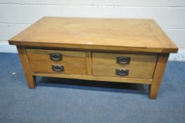 A MODERN SOLID OAK COFFEE TABLE, with two large drawers, length 120cm x depth 70cm x height 51cm (