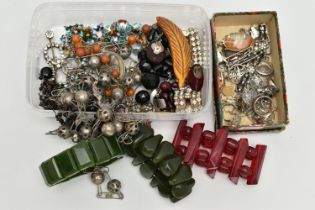 A BOX OF ASSORTED JEWELLERY, to include a white metal and white enamel Siam brooch, stamped 'Siam
