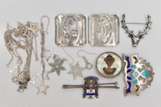 ASSORTED JEWELLERY, to include an open work nurses buckle, markers mark 'AJS', a white metal and