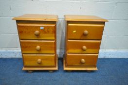 A PAIR OF MODERN PINE THREE DRAWER BEDSIDE CHESTS, width 44cm x depth 40cm x height 66cm (