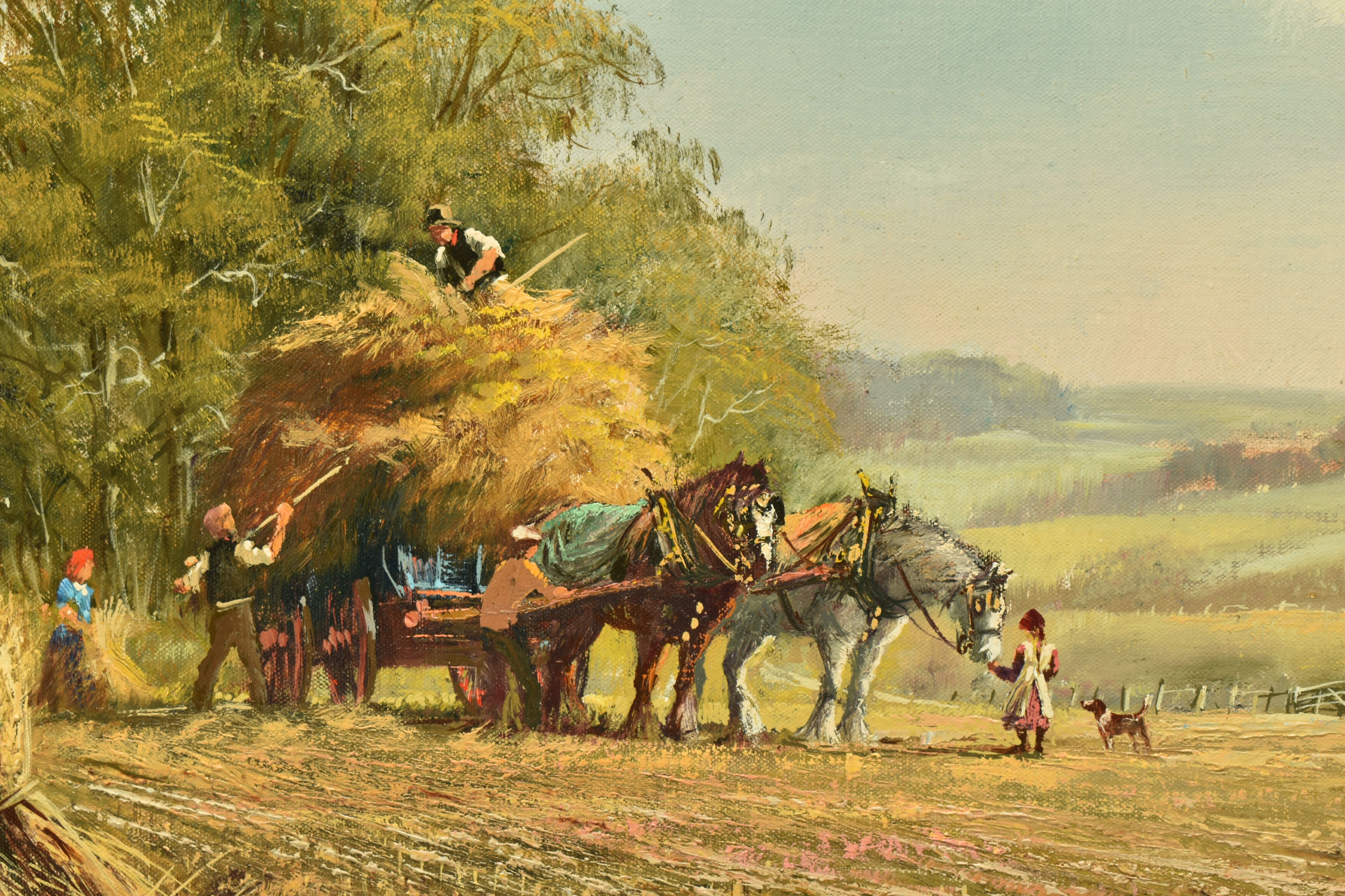 DON VAUGHAN (BRITISH 1916-??) A NOSTALGIC STYLE ENGLISH SCHOOL HARVEST SCENE, depicting figures - Image 4 of 9