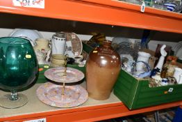 THREE BOXES AND LOOSE CERAMICS AND GLASS ETC, to include a salt glazed stoneware flagon, impressed