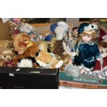 THREE BOXES OF PORCELAIN DOLLS AND BEARS, to include a Merrythoughts jointed bear (playworn), an
