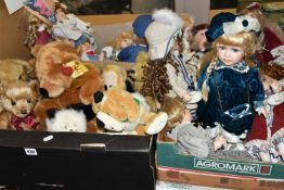 THREE BOXES OF PORCELAIN DOLLS AND BEARS, to include a Merrythoughts jointed bear (playworn), an