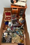 A BOX OF ASSORTED COSTUME JEWELLERY, to include a wooden jewellery box, a burgundy jewellery box,