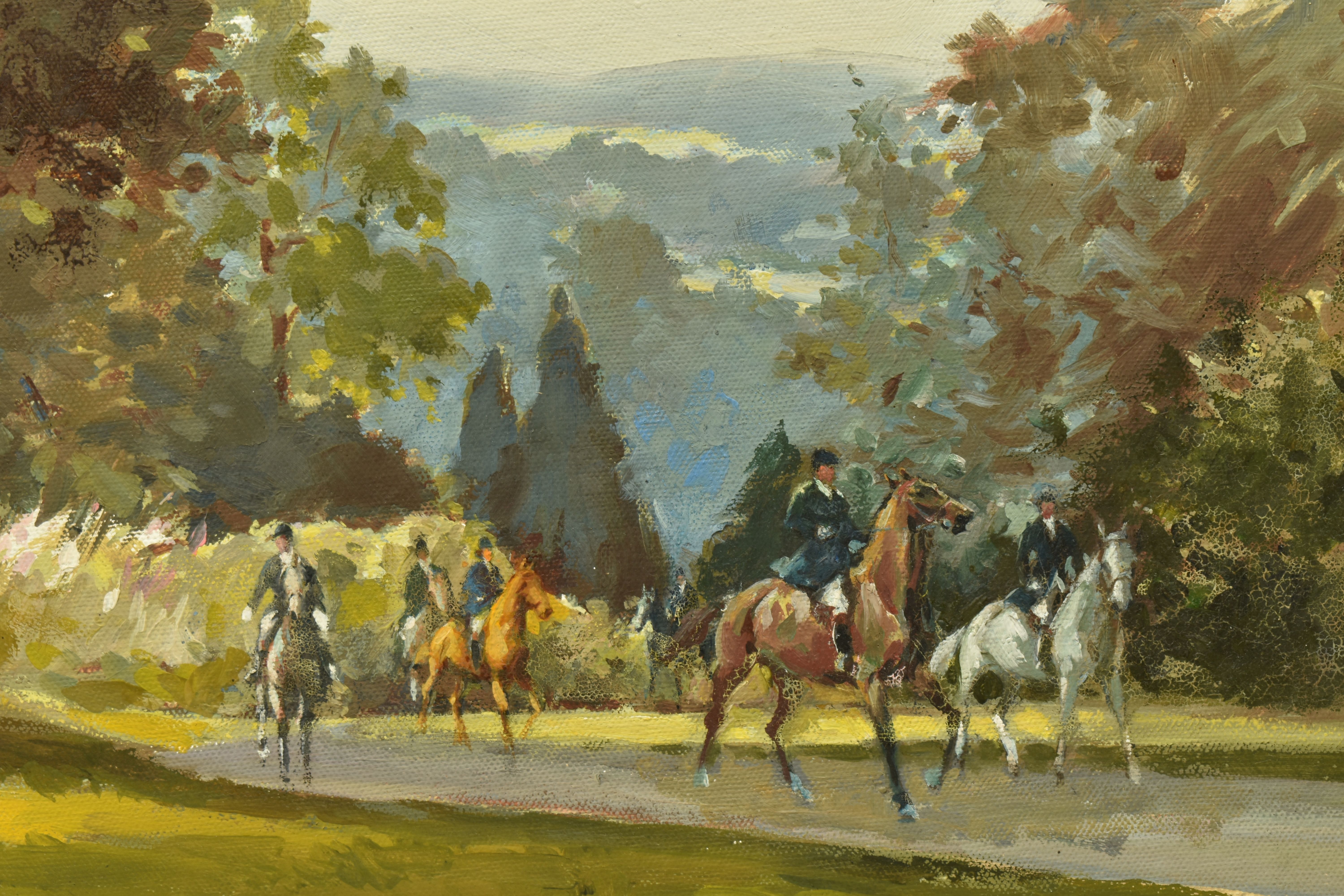 FRANK DUFFIELD ( 1901-1982) A LANDSCAPE WITH FIGURES ON HORSEBACK, signed and dated (19)73 bottom - Image 3 of 5