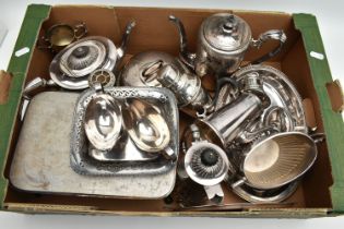 A BOX OF ASSORTED WHITE METAL, to include a cocktail shaker, a tea pot, two coffee pots, a sugar