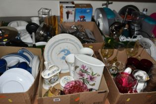 SEVEN BOXES AND LOOSE KITCHEN AND DINNER WARES ETC, to include Minton Haddon Hall Blue vases,