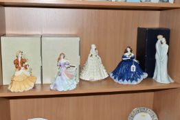 FOUR COALPORT LADY FIGURES, TWO BOXED AND A BOXED ROYAL WORCESTER FIGURE GROUP 'HAPPY ANNIVERSARY'