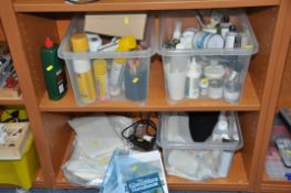 THREE TRAYS CONTAINING MODEL MAKING MATERIALS including paints (partially full), thinners, dope