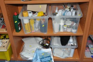 THREE TRAYS CONTAINING MODEL MAKING MATERIALS including paints (partially full), thinners, dope