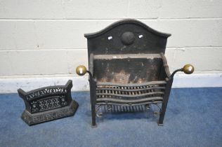 A CAST IRON FIRE GRATE, with brass finials, width 62cm x depth 34cm x height 67cm, along with a cast