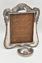 A SILVER PHOTO FRAME AND PIN DISH, an AF silver fronted photo frame with monogram engraving,