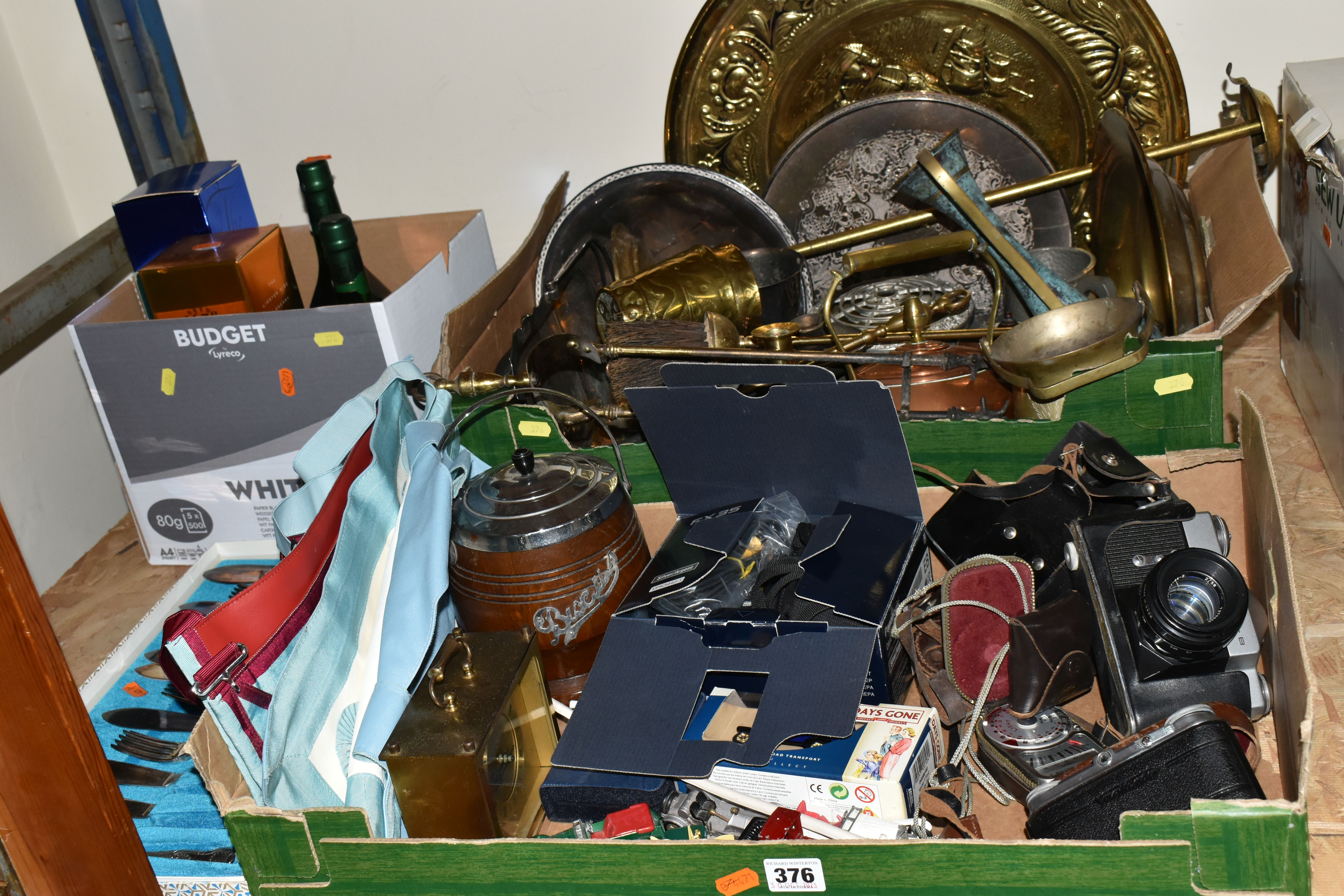 THREE BOXES AND LOOSE METAL WARES, CAMERAS AND SUNDRY ITEMS, to include a Zenit-B camera fitted with