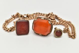 TWO FOBS, A CHAIN AND A BROOCH, the larger fob set with a rectangular carnelian with reserve