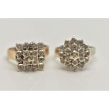 TWO 9CT GOLD DIAMOND CLUSTER RINGS, both of three tier design, the first of circular outline in