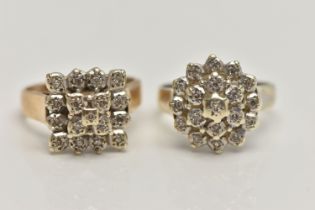 TWO 9CT GOLD DIAMOND CLUSTER RINGS, both of three tier design, the first of circular outline in