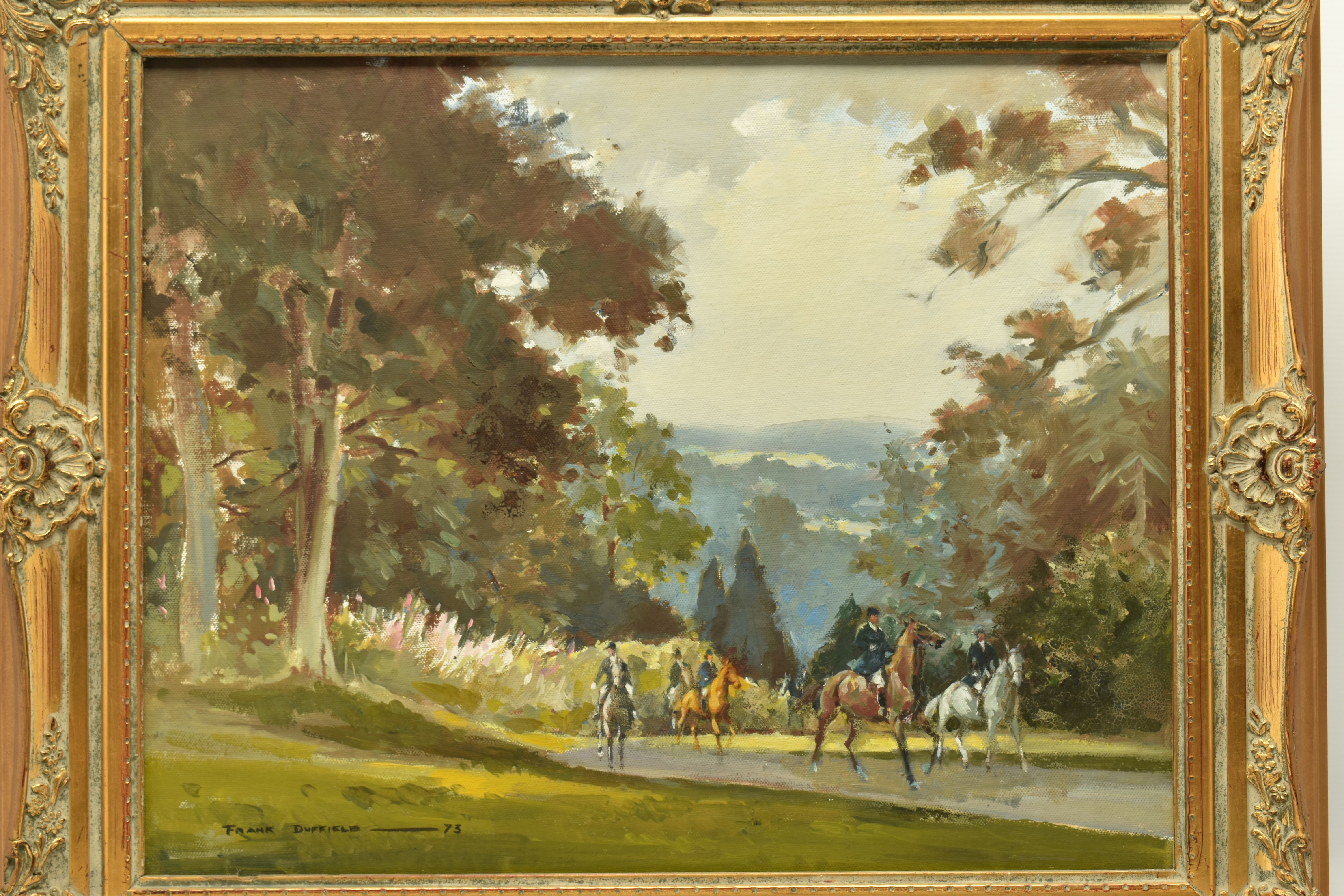 FRANK DUFFIELD ( 1901-1982) A LANDSCAPE WITH FIGURES ON HORSEBACK, signed and dated (19)73 bottom - Image 2 of 5