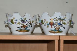 A PAIR OF LATE 19TH / EARLY 20TH CENTURY CONTINENTAL PORCELAIN TWIN HANDLED CACHE-POT PLANTERS,