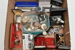 A BOX OF ASSORTED ITEMS, to include two Sekonda wristwatches, an Oskar Emil automatic wristwatch,