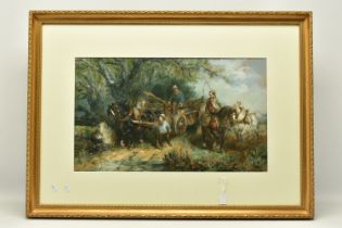 HARDEN SIDNEY MELVILLE (1824-1894) AN ENGLISH SCHOOL LANDSCAPE WITH FIGURES AND HORSES, signed and