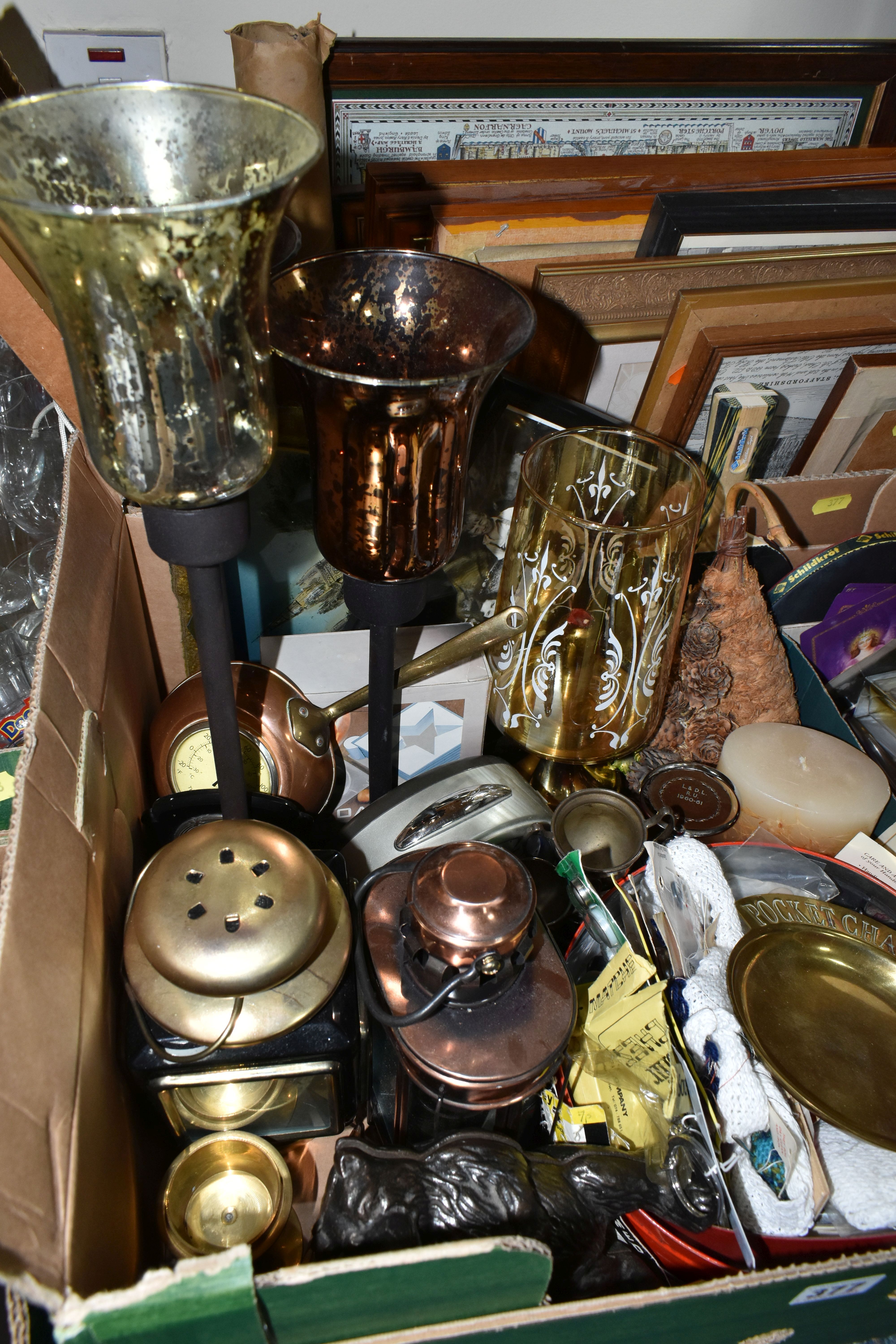 TWO BOXES AND LOOSE PICTURES, METALWARES, AND SUNDRY HOUSEHOLD ITEMS, to include three early - Image 3 of 4