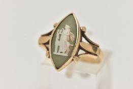 A RING SET WITH WEDGWOOD PANEL, the diamond shape green Wedgwood panel depicting a female and a