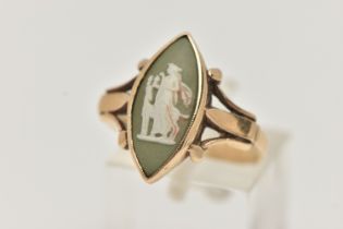 A RING SET WITH WEDGWOOD PANEL, the diamond shape green Wedgwood panel depicting a female and a
