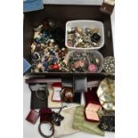 A BOX OF ASSORTED COSTUME JEWELLERY, to include beaded necklaces, clip on earrings, bangles, chain