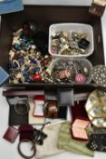 A BOX OF ASSORTED COSTUME JEWELLERY, to include beaded necklaces, clip on earrings, bangles, chain