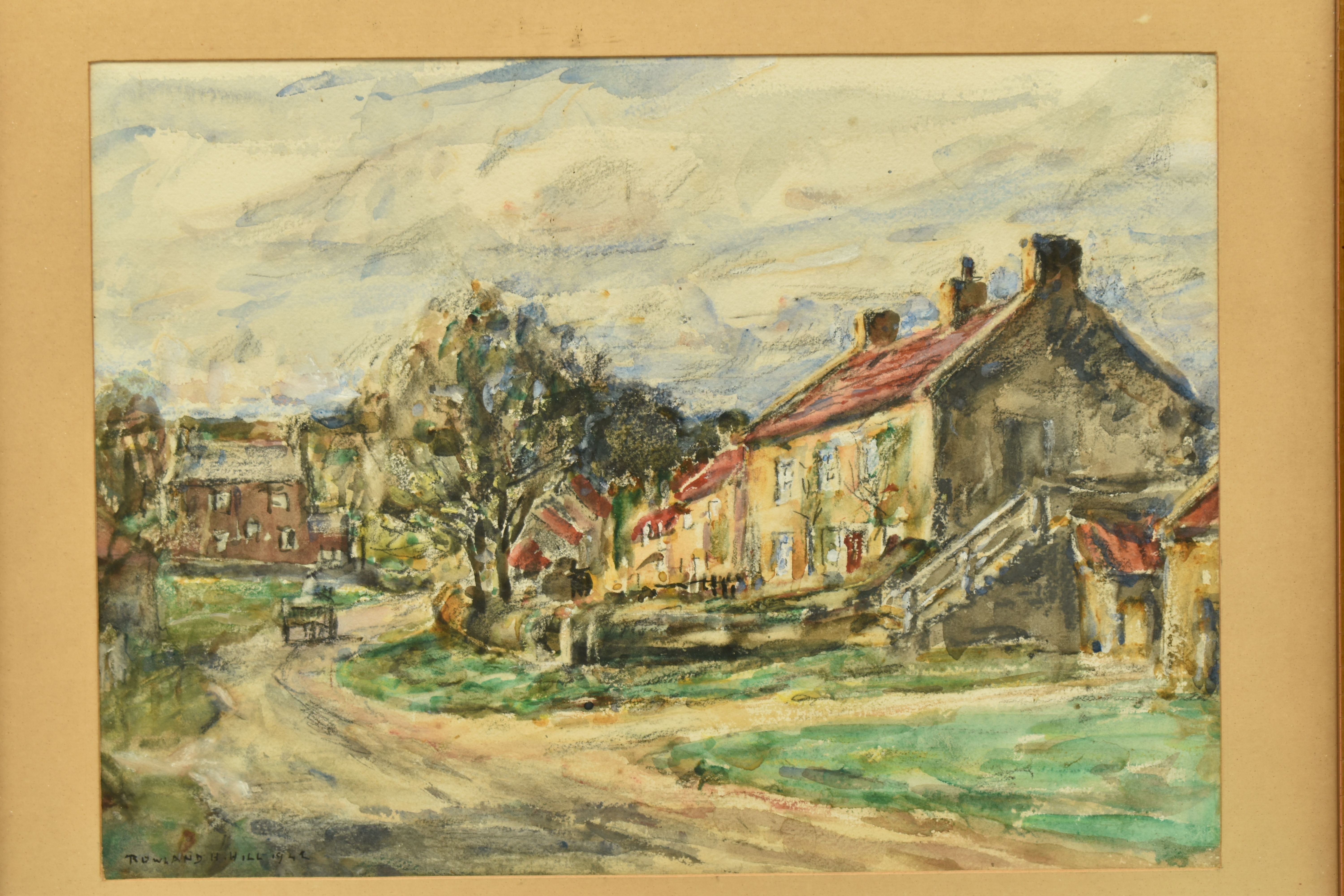 ROWLAND HENRY HILL (1873-1952) COTTAGES WITH HORSE AND CART, a village scene, probably in Yorkshire, - Image 2 of 4