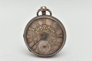 A LATE VICTORIAN SILVER OPEN FACE POCKET WATCH, key wound, round silver dial with gold floral