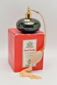 A BOXED ROYAL BRIERLY STUDIO GLASS PERFUME ATOMIZER, decorated in iridescent petrol blue, possibly