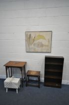 A SELECTION OF OCCASIONAL FURNITURE, to include an oak open bookcase, width 56cm x depth 17cm x