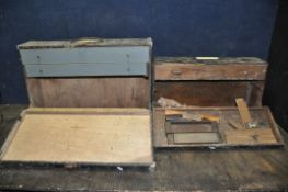 TWO VINTAGE CARPENTERS TOOLBOXES CONTAINING TOOLS including Stanley and other Chisels, a wooden