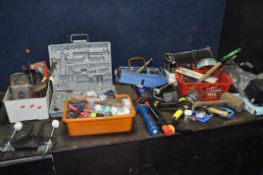 A SELECTION OF VARIOUS TOOLS, to include, hammers, saws, screwdrivers, partial socket sets, Black
