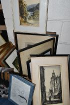 A BOX OF PAINTINGS AND PRINTS ETC, to include four signed Henry Rushbury etchings - two are in