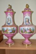 A PAIR OF LATE 19TH CENTURY FRENCH PORCELAIN POT POURRI PEDESTAL BALUSTER VASES AND COVERS, Rose