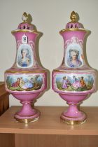 A PAIR OF LATE 19TH CENTURY FRENCH PORCELAIN POT POURRI PEDESTAL BALUSTER VASES AND COVERS, Rose