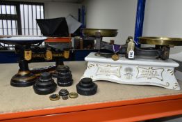 A SET OF VICTORIAN CO-OPERATIVE WHOLESALE SOCIETY CREAMWARE SCALES, A CWS MEDAL, OTHER SCALES AND
