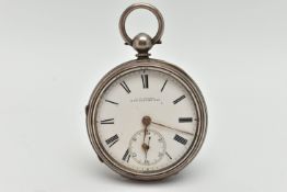A LATE VICTORIAN SILVER OPEN FACE POCKET WATCH, key wound, round white dial, signed 'J.W.Benson 58 &