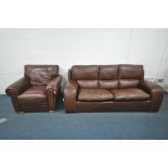 A BROWN LEATHER THREE SEATER SOFA, and an armchair (condition report: in need of a clean, other