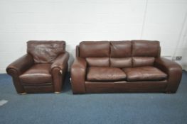 A BROWN LEATHER THREE SEATER SOFA, and an armchair (condition report: in need of a clean, other