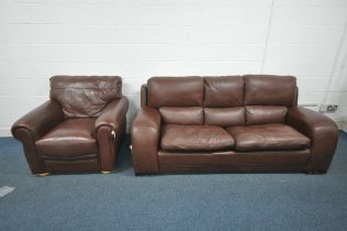 A BROWN LEATHER THREE SEATER SOFA, and an armchair (condition report: in need of a clean, other