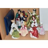 A ROYAL DOULTON FIGURE 'TOM BROWN' HN2941 AND EIGHT ROYAL DOULTON LADY FIGURES, comprising 'The