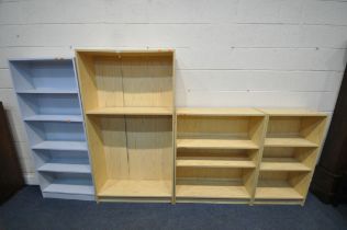 THREE BEECH EFFECT IKEA OPEN BOOKCASES, largest width 89cm x depth 29cm x height 167cm, and a