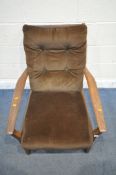 A CINTIQUE MID CENTURY TEAK ARMCHAIR, with open armrests and brown fabric upholstery, width 71cm x