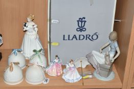 THREE ROYAL DOULTON FIGURINES, LLADRO FOUR SEASONS BELLS AND A BOXED LLADRO FIGURE, comprising Royal
