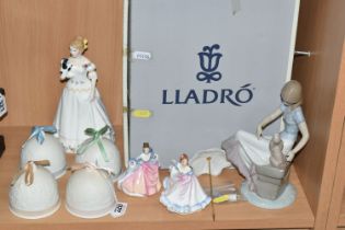 THREE ROYAL DOULTON FIGURINES, LLADRO FOUR SEASONS BELLS AND A BOXED LLADRO FIGURE, comprising Royal
